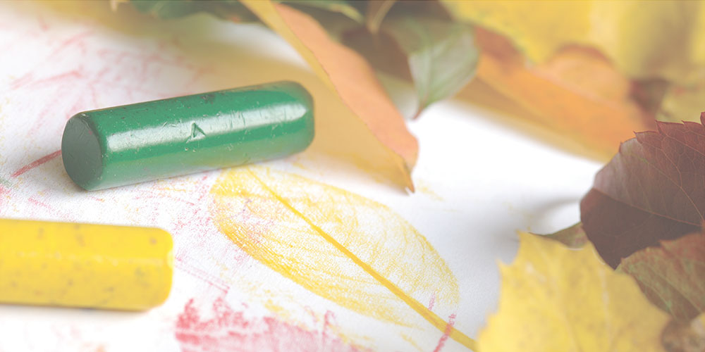 close up of crayons and paper with a few tree leaves
