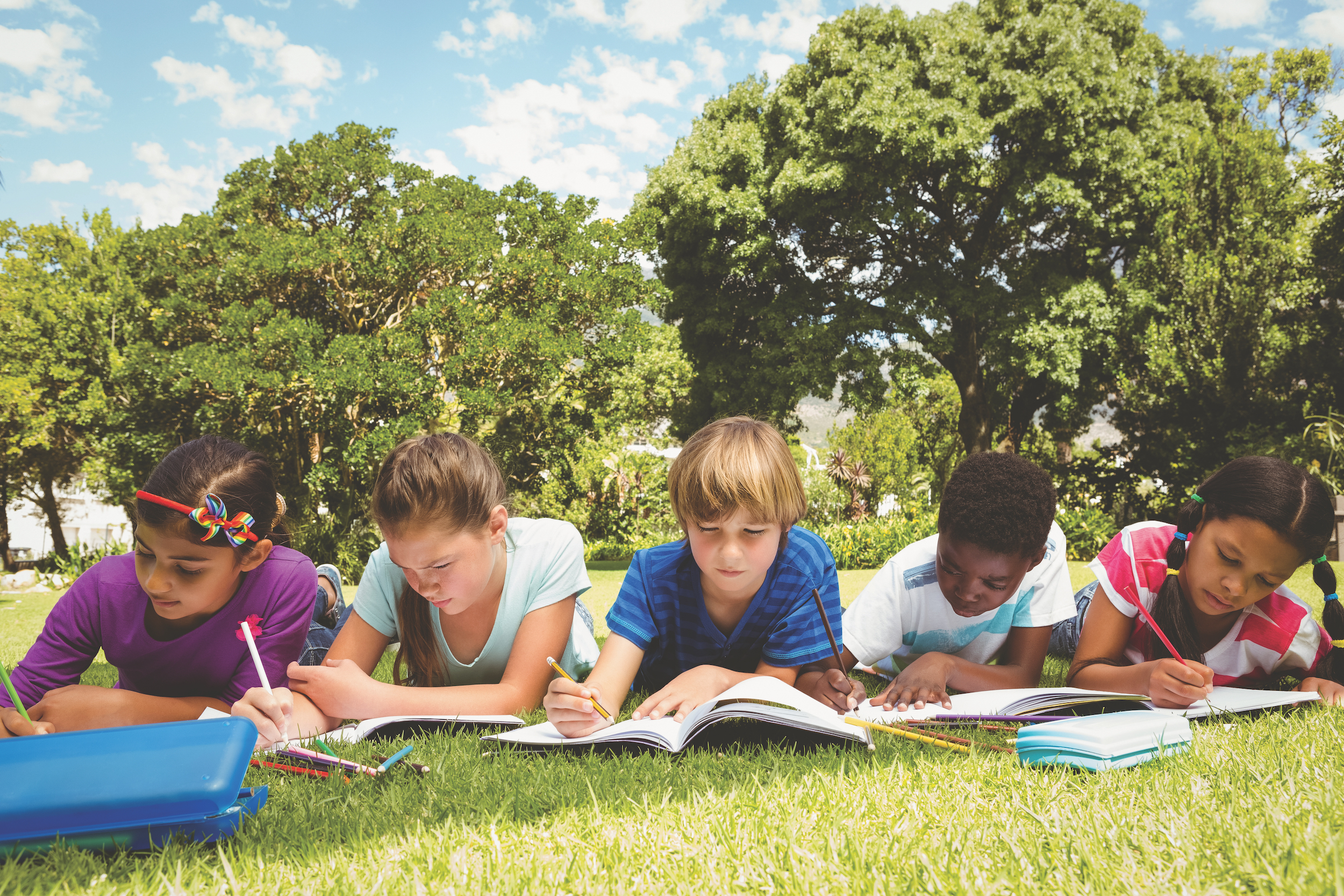 Portrait of children doing homework at the park