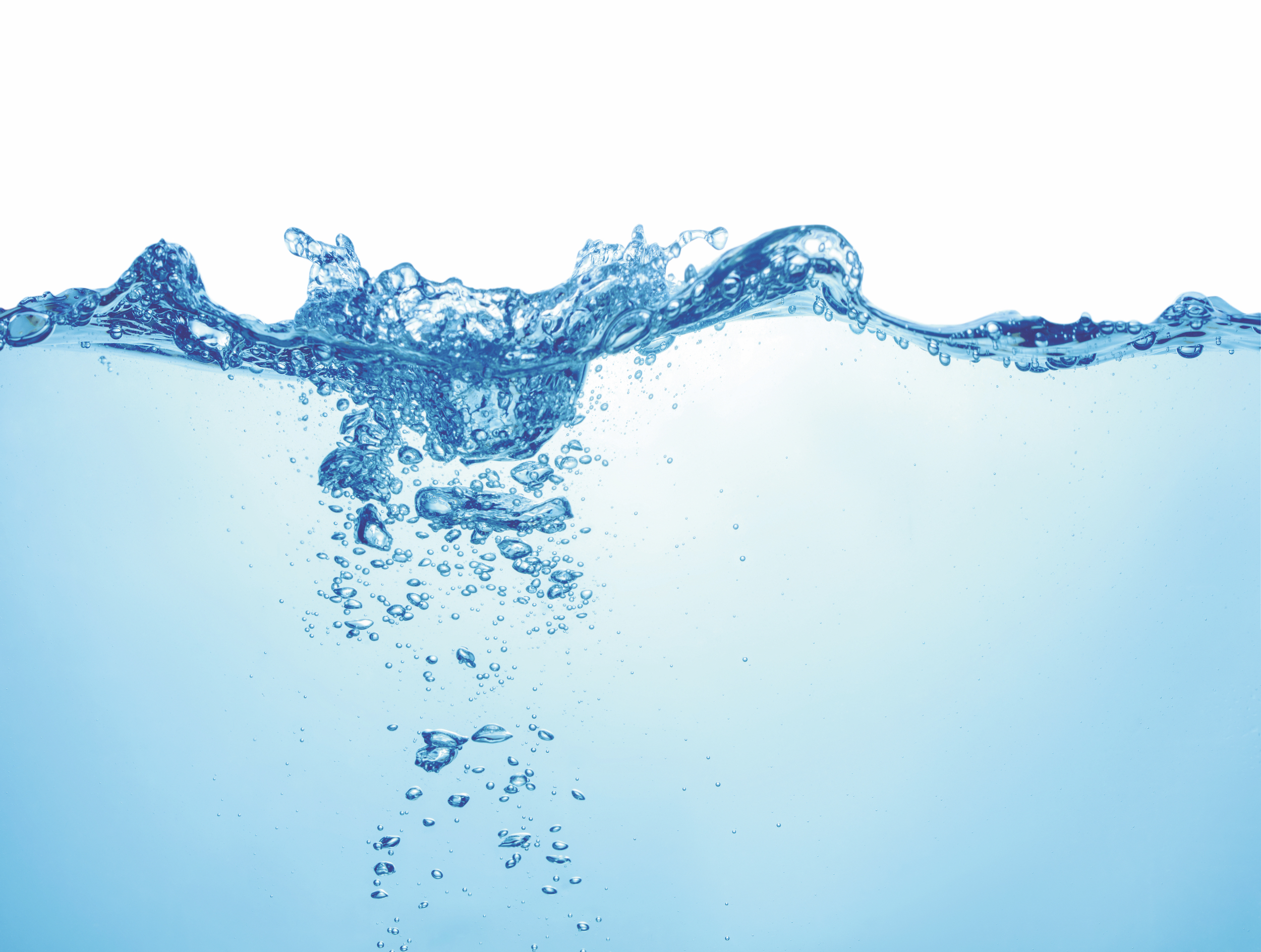 clean blue water with air bubbles and splashes on white background