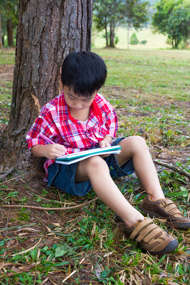 young-child-writes-in-a-notebook-beneath-a-tree