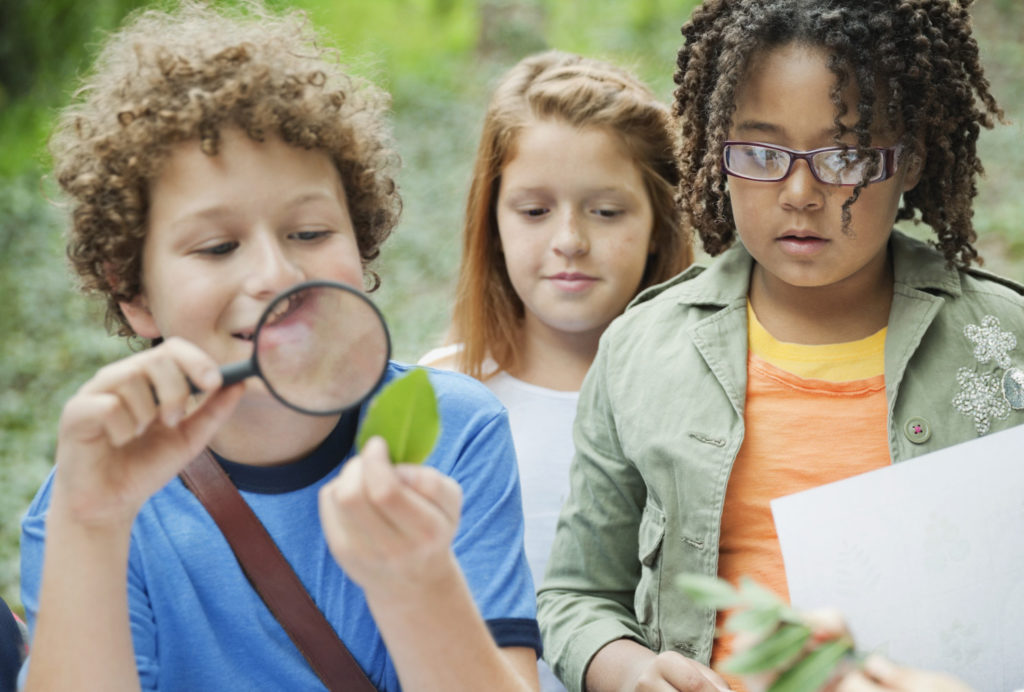 Boy looking at leaf through magnifying glass while standing with friends at table