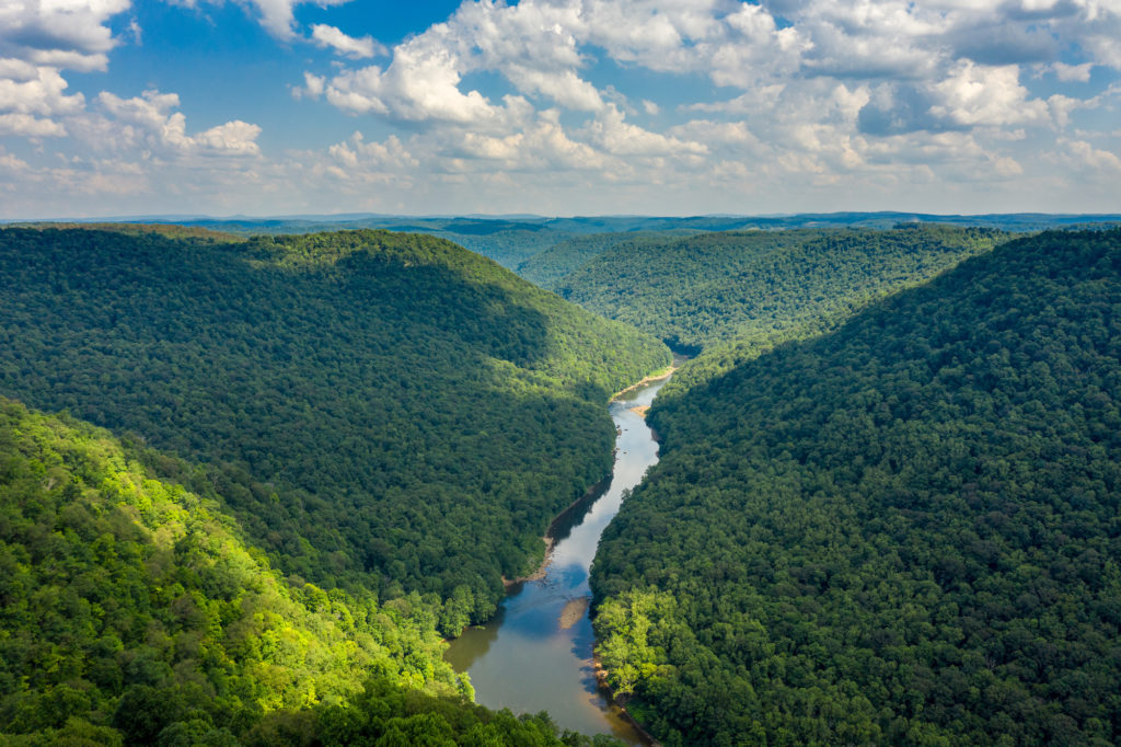 Cheat River makes its way through narrow wooded gorge towards Cheat Lake near Morgantown, WV