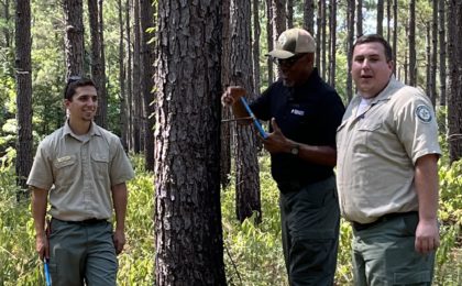 Forestry professionals participate in a PLT activity in a forest