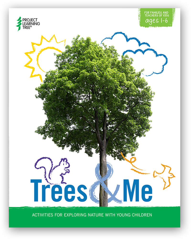 image of a tree on a white background surrounded by a yellow illustrated sun blue illustrated clouds orange illustrated bird and a purple illustrated squirrel sitting on top of the title trees and me