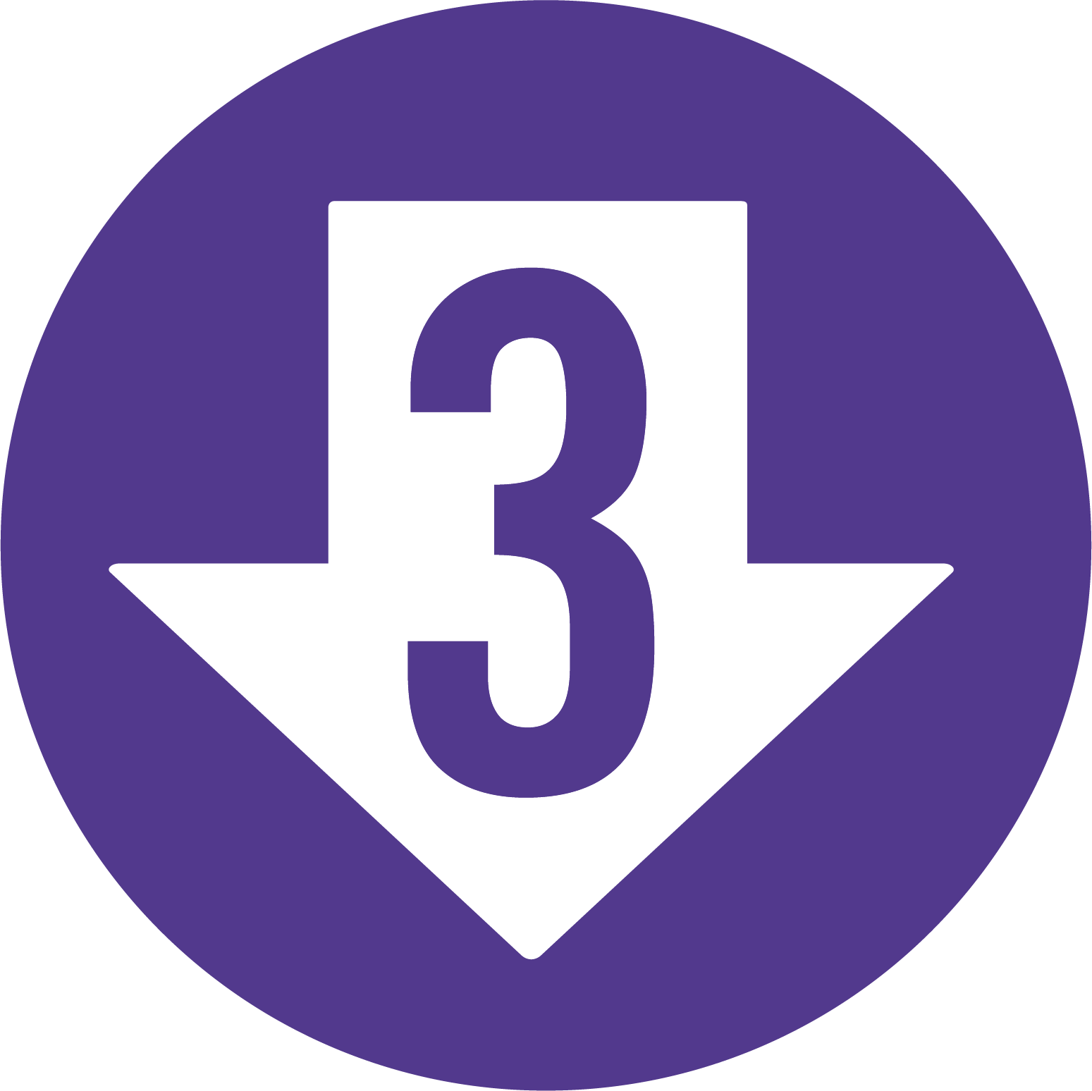 white arrow pointing downward with the number 3 inside a purple circle