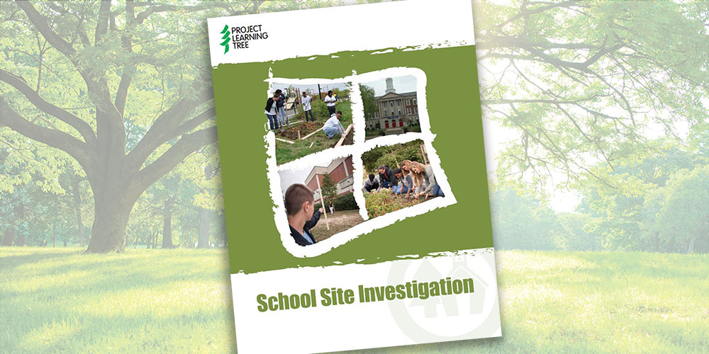 cover of School Site Investigation activity guide over a green background.