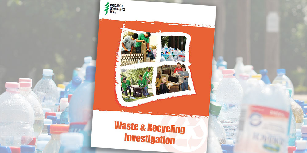 The cover of the Waste and Recycling Investigation activity over a background of discarded plastic bottles.