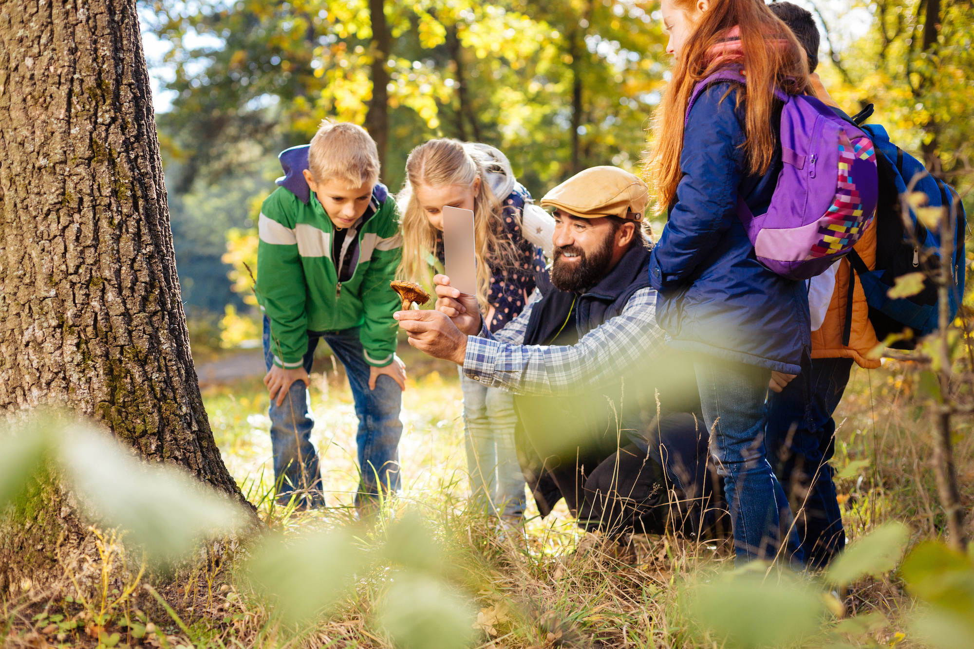 Educator holding his smartphone up to a tree showing young students