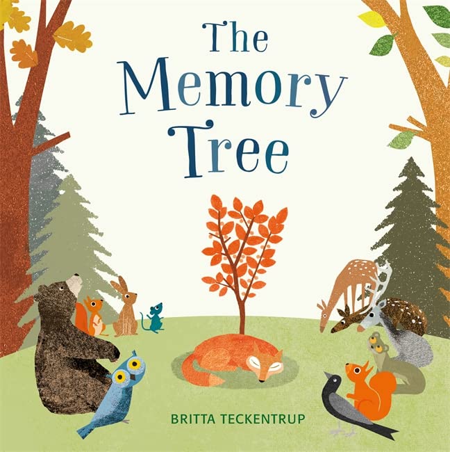 a fox laying in the middle of a forest wrapped around a young tree surrounded by his friends the owl, bear, deer, squirrel, rabbit, mouse, and bird