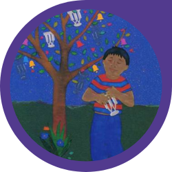 a young cartoon illustrated boy wearing a stripe shirt standing in front of a tree