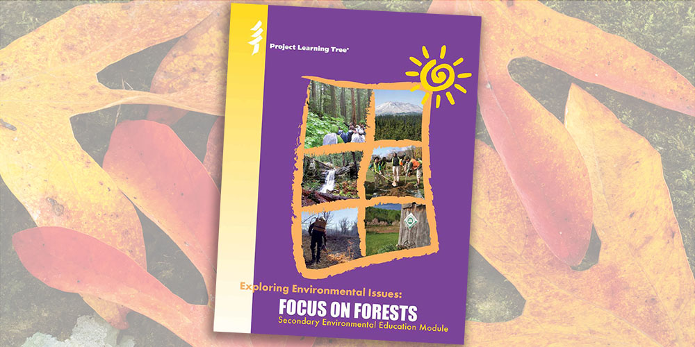 the cover of PLT's Focus on Forests module in front of a background of automn leaves on the ground