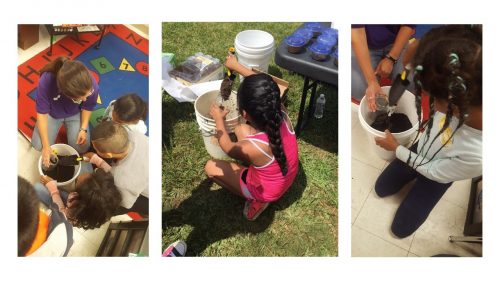 Teacher conducts an experiment with young children involving a bucket and soil.