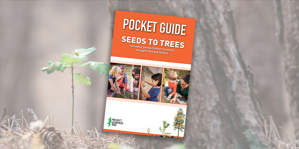 Cover of PLT's Seeds to Trees pocket guide over a background of a small seedling next to a might tree trunk.