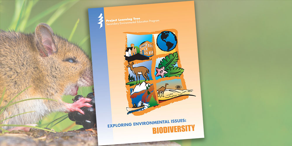 Cover of PLT's Biodiversity Activity Collection on a background of a squirrel eating a blackberry.