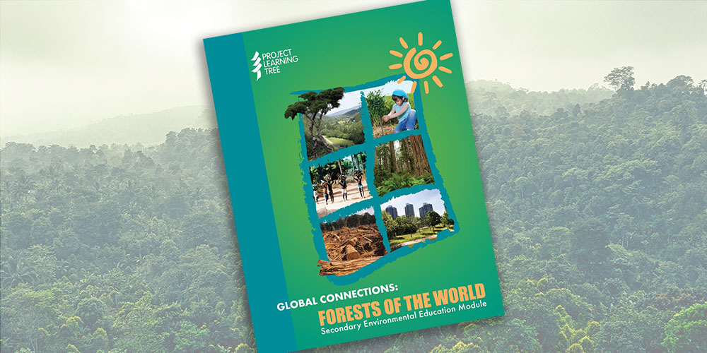 cover of PLT's Forest of the World activity guide in front of a landscape view of a Brazilian forest